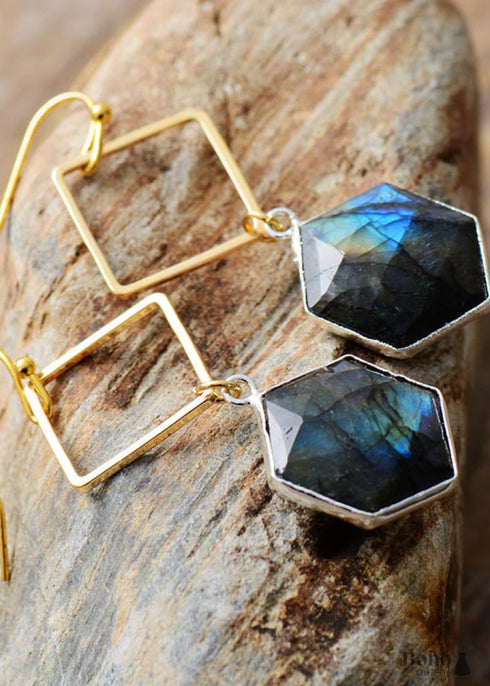 Boho Earrings, Dangle Earrings, Rhodonite Hexagon